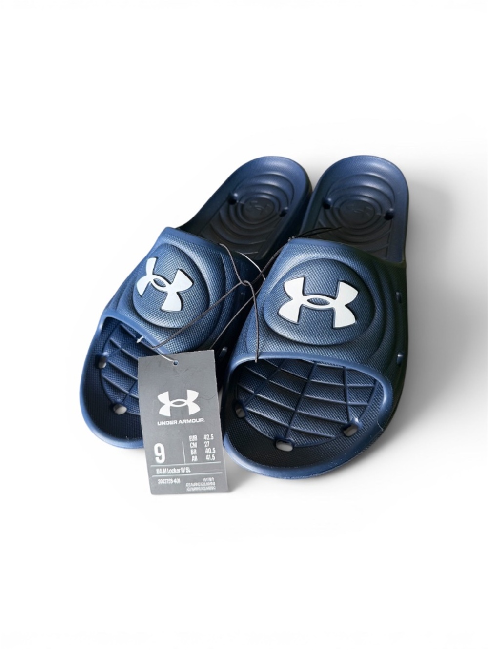NEW- UNDER ARMOUR M LOCKER VI SL SLIDERS/ NAVY/ WHITE/ SIZE 9.